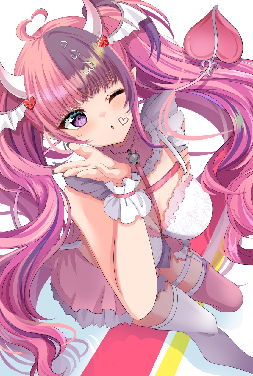 1girl absurdres ahoge bell black_nails blowing_kiss blush breasts choker demon_girl demon_horns demon_wings hair_ornament head_wings heart heart_ahoge heart_hair_ornament highres horns ironmouse ironmouse_(demon_form) jingle_bell large_breasts long_hair maika_mo_yuru multicolored_hair nail_polish neck_bell o-ring o-ring_thigh_strap one_eye_closed open_mouth pink_choker pink_hair pink_skirt pink_thighhighs purple_eyes purple_hair skirt solo streaked_hair thigh_strap thighhighs twintails very_long_hair virtual_youtuber vshojo white_thighhighs white_wrist_cuffs wings wrist_cuffs