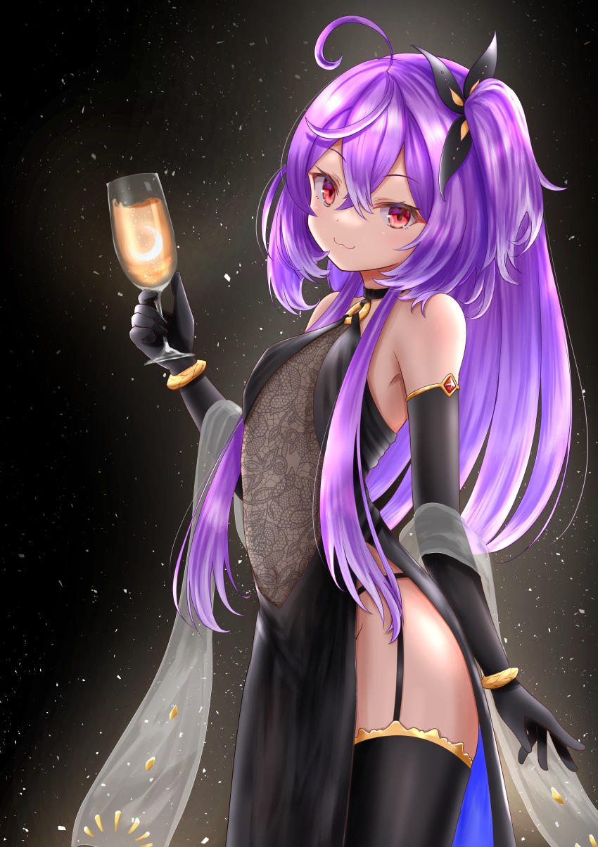 1girl nanashi_inc. :3 absurdres alcohol bare_shoulders black_background black_thighhighs cup dress drinking_glass garter_straps gloves highres hiyoku_no_crosspiece long_hair purple_hair shisui_kiki side_ponytail solo thighhighs urushinuri virtual_youtuber wine wine_glass yellow_eyes