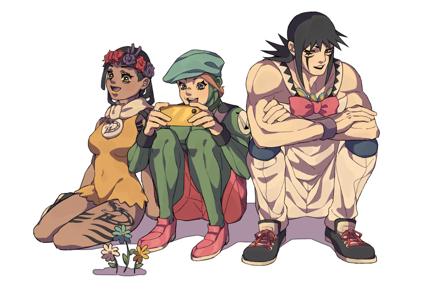 3boys absurdres black_hair blue_eyes bodysuit bow bowtie brown_hair cellphone charming_man dark-skinned_male dark_skin dragon_tattoo dragona_joestar dreadlocks facial_mark flower green_bodysuit head_wreath highres jojo_no_kimyou_na_bouken kneeling male_focus multiple_boys orange_lips orange_romper phone scarf shoes siniy sitting smartphone sneakers tattoo the_jojolands trap usagi_aloha&#039;oe white_scarf