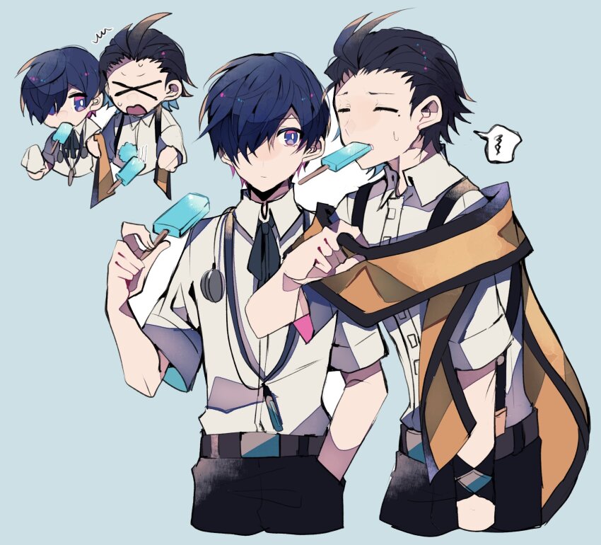 &gt;_&lt; 2boys arm_up belt black_belt black_hair black_pants black_ribbon black_suspenders blue_hair buckle closed_eyes closed_mouth collared_shirt cowboy_shot dark_blue_hair deformed digital_media_player dropped_food emphasis_lines food food_in_mouth hair_between_eyes hair_over_breasts hair_over_one_breast hand_in_own_hair headphones headphones_around_neck highres holding holding_food holding_popsicle long_scarf looking_at_another male_focus mochizuki_ryouji mole mole_under_eye multicolored_clothes multicolored_eyes multicolored_scarf multiple_boys multiple_views neck_ribbon open_mouth pants persona persona_3 popsicle popsicle_in_mouth pulling_own_clothes ribbon scarf shirt short_sleeves speech_bubble spoken_squiggle squiggle suspenders sweat sweatdrop teketeke_(tasutekete) white_shirt yellow_scarf yuuki_makoto_(persona_3)