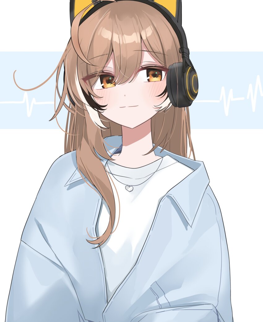 1girl absurdres alternate_costume animal_ear_headphones animal_ears blue_background blue_jacket brown_eyes brown_hair casual fake_animal_ears hair_between_eyes headphones heart heart_necklace highres hololive hololive_english jacket jewelry long_hair looking_to_the_side multicolored_hair nanashi_mumei necklace shirt simple_background smile sound_wave streaked_hair upper_body virtual_youtuber white_background white_shirt xx_tk9