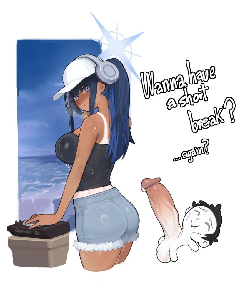 1boy 1girl ass bare_arms baseball_cap black_camisole blue_archive blue_eyes blue_hair blue_halo blue_shorts breasts camisole closed_mouth cropped_legs denim denim_shorts doodle_sensei_(blue_archive) english_text gigantic_penis halo hat headphones highres large_breasts long_hair looking_at_viewer penis saori_(blue_archive) saori_(swimsuit)_(blue_archive) sensei_(blue_archive) shorts sidelocks snorkel14 sweat tan tanline testicles uncensored white_hat