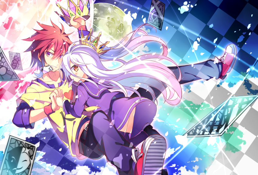 10s 1boy 1girl brother_and_sister brown_eyes card crown holding_hands heart hetero kinoshita_neko mouth_hold no_game_no_life purple_eyes red_hair shiro_(no_game_no_life) siblings side_ponytail silver_hair sora_(no_game_no_life) thighhighs wristband