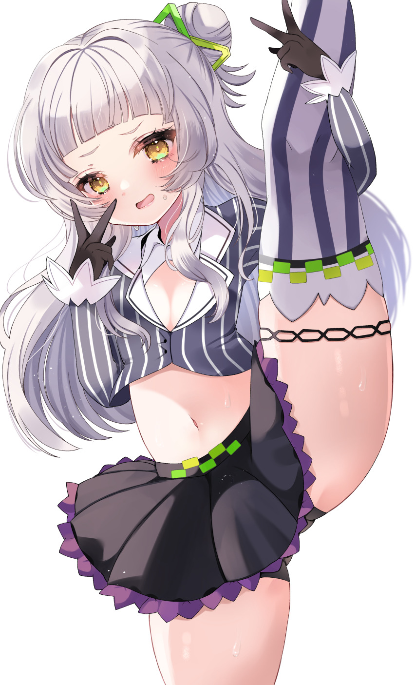 1girl absurdres black_gloves black_panties black_skirt blush breasts cleavage crop_top gloves grey_hair grey_shirt grey_thighhighs hair_bun highres hololive leg_up long_hair looking_at_viewer mainai_(pochiwan1108) murasaki_shion murasaki_shion_(1st_costume) open_mouth panties shirt short_eyebrows sidelocks single_hair_bun skirt small_breasts solo striped_clothes striped_thighhighs thighhighs underwear v virtual_youtuber yellow_eyes