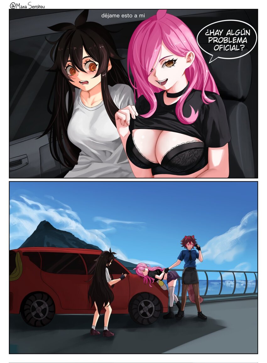 2koma 3girls @_@ alternate_breast_size alternate_costume animal_ears arrest artist_name bent_over black_bra black_choker black_footwear black_gloves black_hair black_necktie black_skirt blue_shirt blue_sky border bra breasts brown_hair brown_pantyhose car choker cleavage clothes_lift comic day dot_nose embarrassed expressionless eyebrows eyelashes female_focus fingerless_gloves fingernails gloves hair_over_one_eye indie_virtual_youtuber large_breasts lifting_own_clothes linlin_(vtuber) long_hair looking_at_another looking_at_viewer looking_to_the_side mana_(manasenshou) medium_breasts motor_vehicle multicolored_hair multiple_girls naughty_face necktie nene_efthy nervous open_mouth orange_eyes outdoors pantyhose pencil_skirt pink_eyes pink_hair police police_uniform policewoman pov purple_footwear rakkun_sutaru red_hair restrained shirt shirt_lift shoes short_hair short_sleeves sitting skirt sky smile sneakers spanish_text standing streaked_hair surprised t-shirt teeth translation_request two-tone_hair underwear uniform upper_body very_long_hair virtual_youtuber white_border white_shirt yellow_eyes