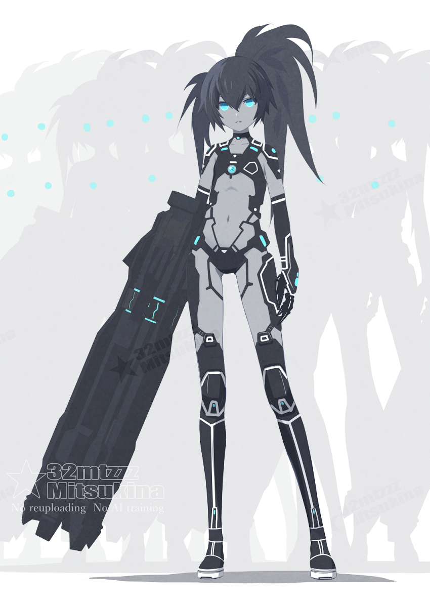 32zzz alternate_costume aqua_eyes artist_logo black_hair black_rock_shooter black_rock_shooter_(character) english_text flat_chest full_body hair_between_eyes highres holding_cannon huge_weapon logo long_hair mechabare mechanical_arms navel sidelocks twintails uneven_twintails watermark weapon