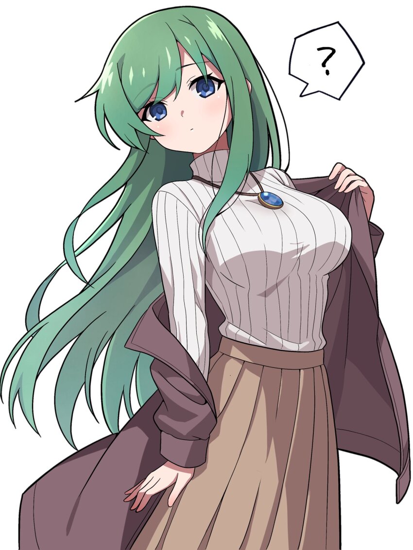 1girl ? blue_eyes blush breasts bright_pupils brown_coat brown_skirt closed_mouth coat commentary cowboy_shot expressionless green_hair hand_up high-waist_skirt highres jewelry jikkyou_powerful_pro_yakyuu large_breasts long_hair looking_at_viewer niyane nozaki_iori open_clothes open_coat pendant pleated_skirt power_pro_kun_pocket ribbed_sweater simple_background skirt solo speech_bubble spoken_question_mark straight_hair sweater swept_bangs turtleneck turtleneck_sweater undressing very_long_hair white_background white_sweater