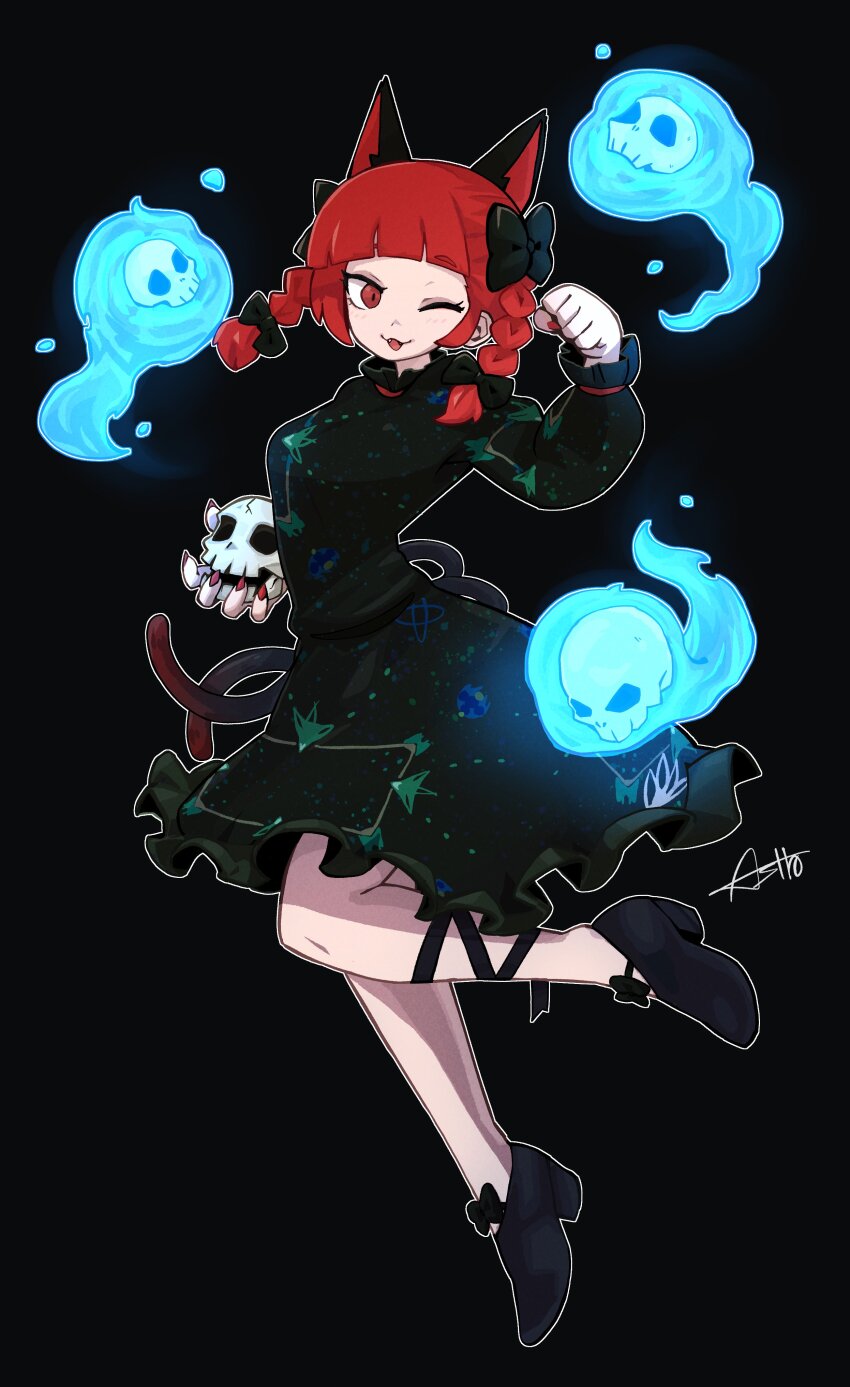 1girl :3 ;d absurdres animal_ears asutoro_(s--t) black_background black_bow black_shoes blunt_bangs bow braid cat_ears cat_tail commentary dress flaming_skull floating_skull foot_up frilled_dress frills full_body green_dress hair_bow hand_up highres kaenbyou_rin long_sleeves looking_at_viewer medium_hair multiple_tails one_eye_closed open_mouth outline red_eyes red_hair red_nails shoes signature simple_background smile solo tail touhou twin_braids two_tails white_outline