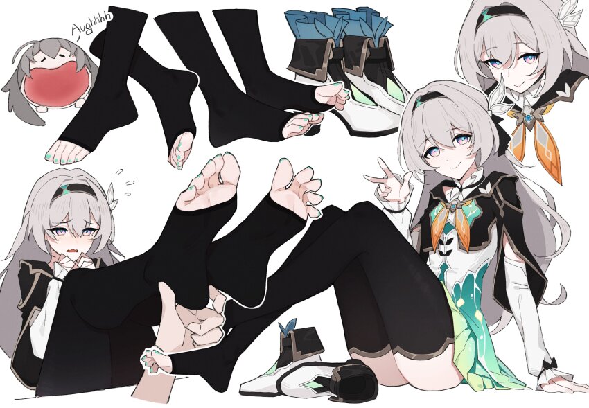 2girls absurdres blush feet firefly_(honkai:_star_rail) foot_focus grey_hair headband highres honkai:_star_rail honkai_(series) lan_mao_akko long_hair multiple_girls multiple_views open_mouth shoes simple_background smile stelle_(honkai:_star_rail) toeless_legwear toenails toes trailblazer_(honkai:_star_rail) unworn_shoes white_background