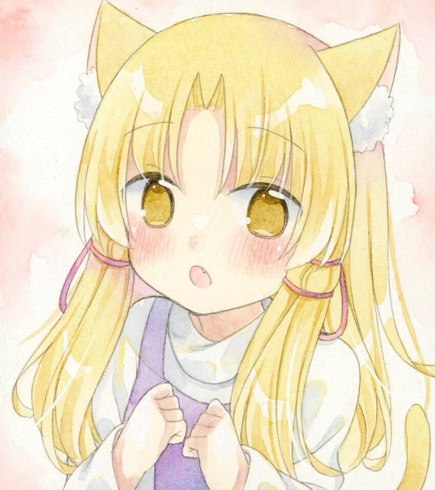 1girl animal_ear_fluff animal_ears blonde_hair blush cat_ears cat_girl cat_tail commentary_request fang hair_ribbon highres kagome_f kemonomimi_mode long_hair long_sleeves looking_at_viewer moriya_suwako no_headwear open_mouth purple_vest red_ribbon ribbon solo tail touhou traditional_media vest yellow_eyes