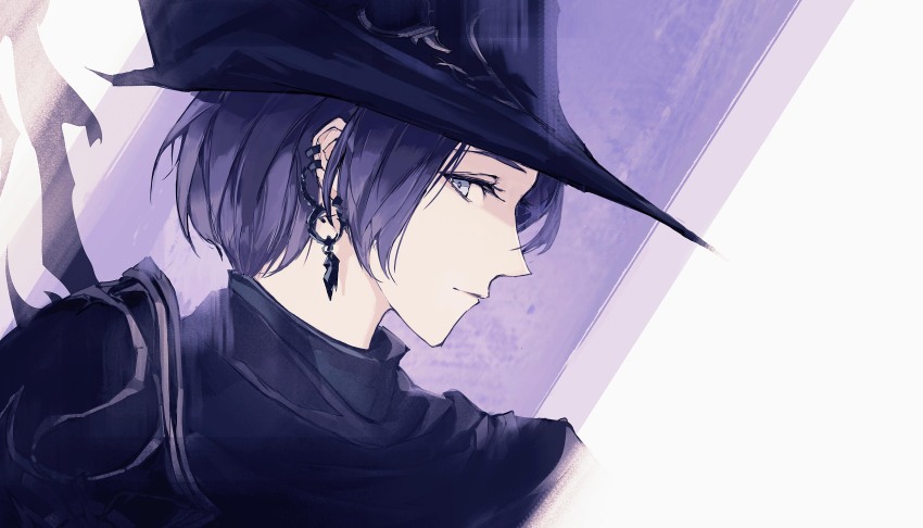 1girl absurdres androgynous black_hair black_hat earrings expressionless final_fantasy final_fantasy_xiv from_side grey_eyes hat highres jewelry looking_at_viewer lrena multicolored_background portrait purple_background short_hair simple_background solo white_background zero_(ff14)