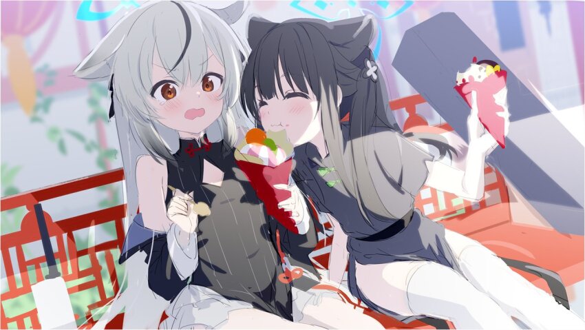 2girls :3 :t ^_^ animal_ears black_dress black_hair blue_archive chinese_clothes closed_eyes crepe dress eating food food_on_face frilled_dress frills gotyou grey_hair halo holding holding_food jacket kokona_(blue_archive) long_hair multiple_girls open_clothes open_jacket open_mouth pinstripe_dress pinstripe_pattern red_eyes shun_(blue_archive) shun_(small)_(blue_archive) siblings sisters sketch tearing_up tears thighhighs v-shaped_eyebrows very_long_hair wavy_mouth