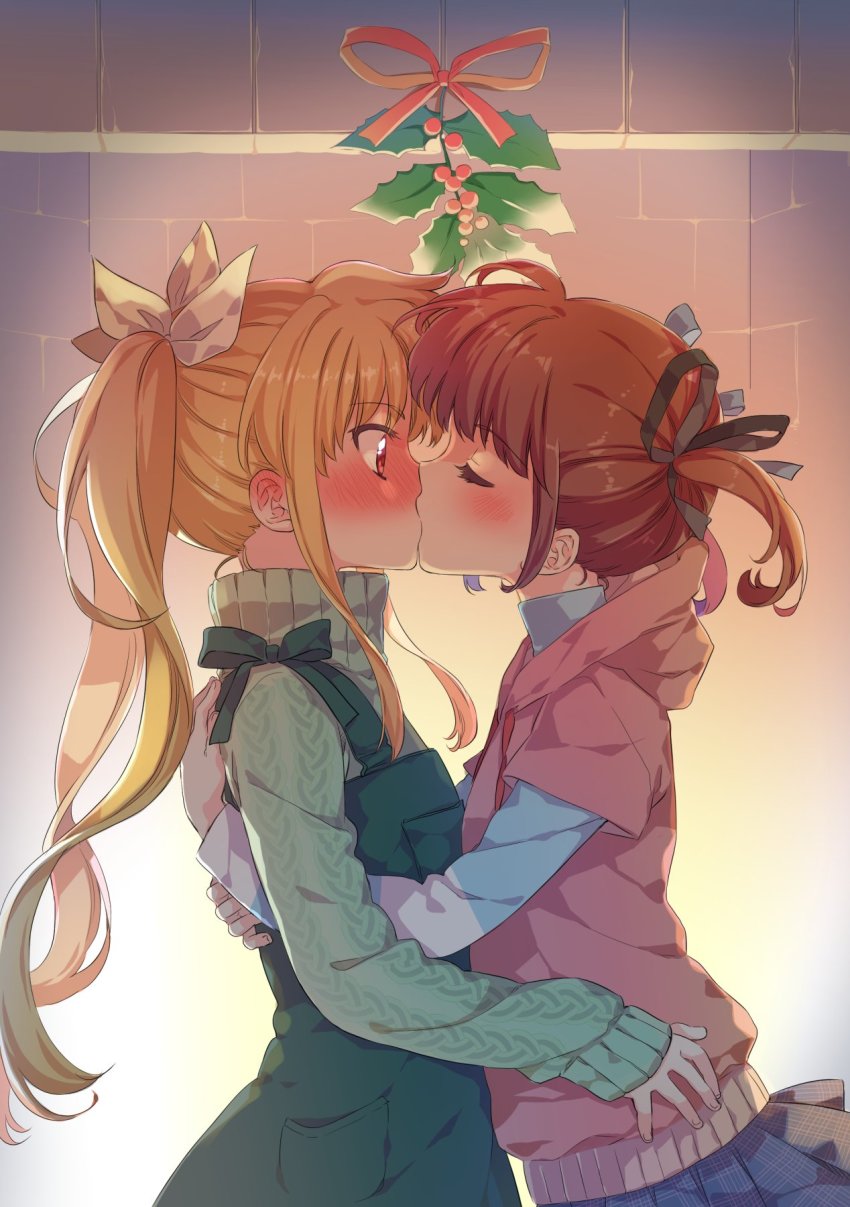 2girls ahoge ana_c._sanchez arms_around_waist blonde_hair blush bow brick_wall brown_eyes brown_hair cardigan closed_eyes fate_testarossa hair_bow highres hug kiss lyrical_nanoha mistletoe multiple_girls overall_skirt plaid_clothes plaid_skirt pleated_skirt short_twintails sidelocks skirt sweater takamachi_nanoha turtleneck turtleneck_sweater twintails yuri