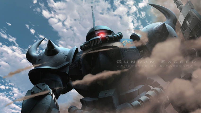 3d blue_sky cable cloud commentary_request english_text gouf_custom gundam gundam_08th_ms_team highres machinery mecha mecha_focus mobile_suit no_humans one-eyed radio_antenna realistic robot roundel s.hasegawa science_fiction shoulder_spikes sky smoke spikes upper_body zeon