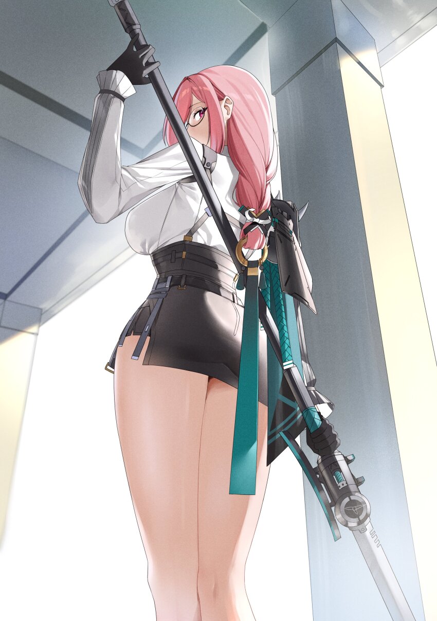 1girl absurdres ags_artz bare_legs black_gloves black_skirt braid breasts cowboy_shot from_behind glasses gloves hair_between_eyes high-waist_skirt highres holding holding_polearm holding_weapon large_breasts long_hair long_sleeves looking_at_viewer looking_back naginata pencil_skirt pink_hair polearm shirt single_braid skirt solo standing tsukishiro_yanagi weapon white_shirt zenless_zone_zero