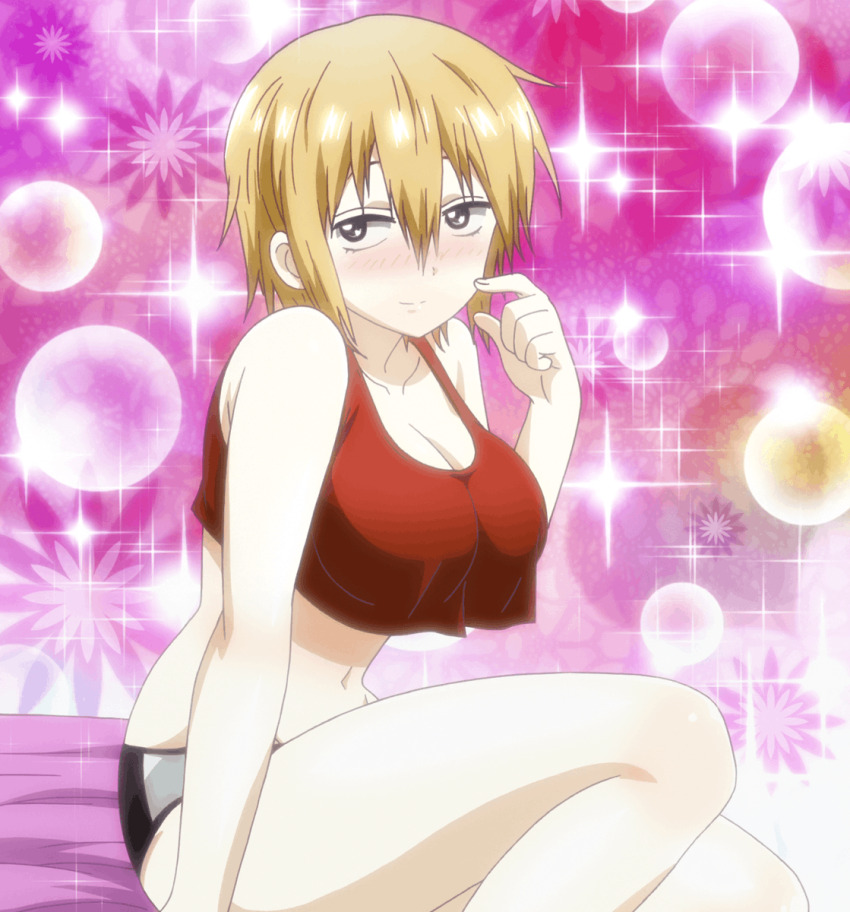 1girl anime_screenshot bed bel_hydra blonde_hair blood_lad blush breasts curvy female grey_eyes highres large_breasts on_bed panties red_tank_top short_hair shy sitting solo tank_top thighs underwear