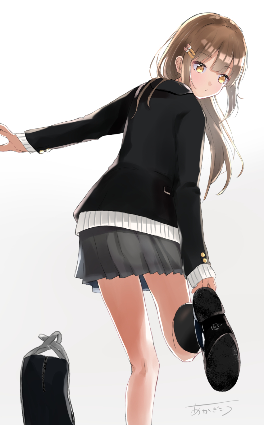 1girl absurdres akagikou bad_id bad_pixiv_id bag black_footwear black_jacket black_socks blazer brown_eyes brown_hair closed_mouth commentary_request from_behind gradient_background grey_background grey_skirt hair_ornament hairclip highres jacket long_hair long_sleeves looking_back looking_down original pleated_skirt school_bag school_uniform shoe_soles signature skirt sleeves_past_wrists socks solo standing standing_on_one_leg sweater white_background white_sweater