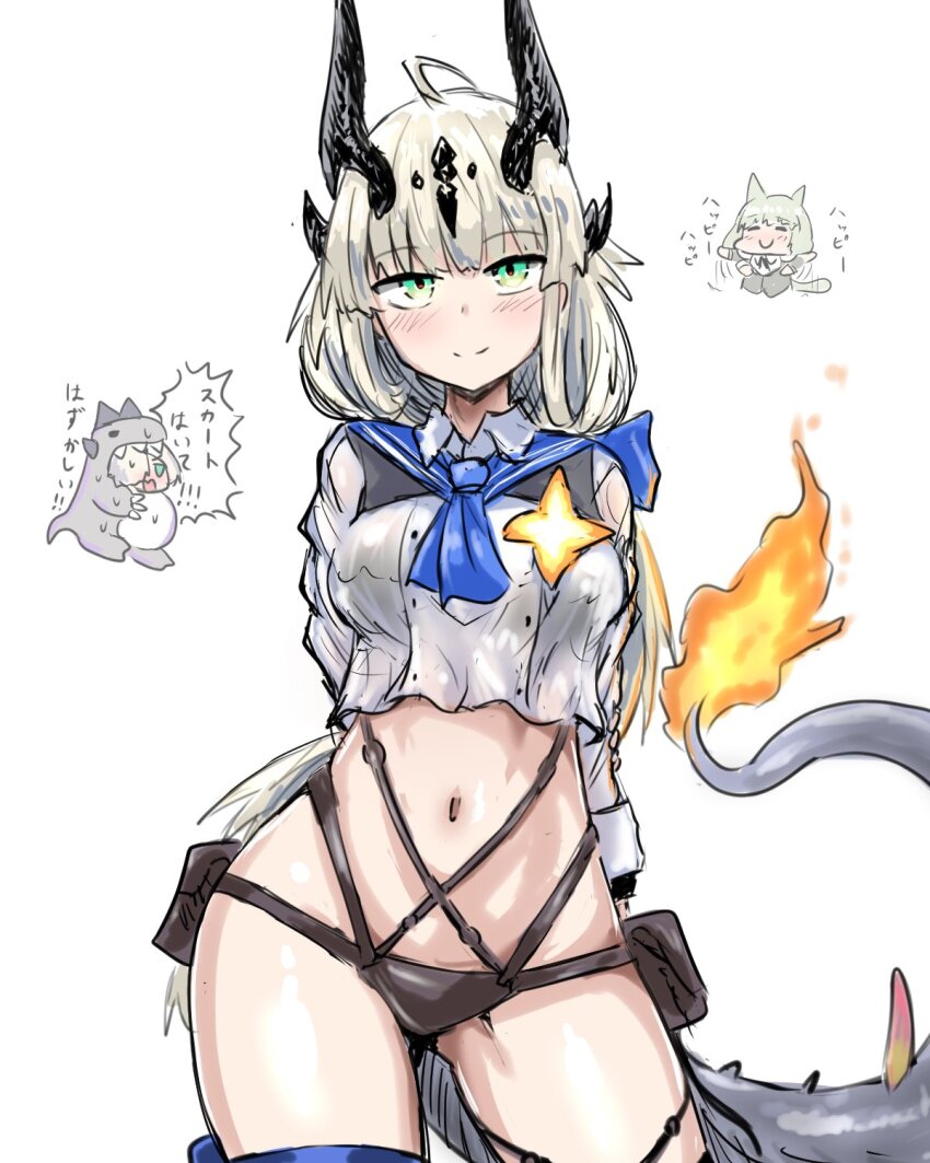 3girls animal_ears arknights bikini black_bikini blonde_hair cat_ears cat_girl dinosaur_costume dragon_girl dragon_horns dragon_tail eblana_(arknights) flame-tipped_tail geist43195783 green_eyes happy_happy_happy_cat_(meme) harmonie_(arknights) highres horns long_hair looking_at_viewer meme multiple_girls navel official_alternate_costume open_mouth reed_(arknights) reed_the_flame_shadow_(arknights) reed_the_flame_shadow_(summer_flowers)_(arknights) sailor_collar sailor_shirt shirt simple_background smile stomach swimsuit tail translation_request white_background white_shirt