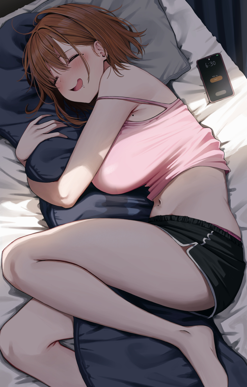 1girl absurdres armpit_crease bare_shoulders barefoot bed bed_sheet black_shorts blush body_pillow breasts brown_hair camisole cellphone closed_eyes commentary_request dolphin_shorts foot_out_of_frame from_above hair_behind_ear highres hugging_object indoors large_breasts lying mole mole_on_breast mole_on_stomach mole_under_eye navel ol-chan_(udon) on_bed on_side open_mouth original panties panty_peek phone pillow pillow_hug pink_camisole pink_panties saliva short_hair short_shorts shorts sleeping sleeveless smartphone smile solo spaghetti_strap stomach strap_slip thick_eyelashes thighs udon_(udonalium) underwear white_trim