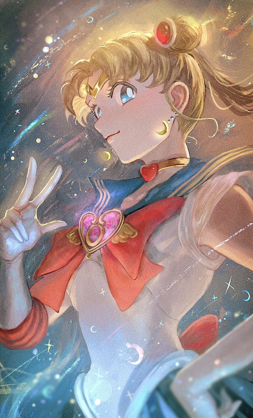 1girl ao_(en6gtl) bishoujo_senshi_sailor_moon blonde_hair blue_eyes blue_sailor_collar blue_skirt blurry bow bowtie choker circlet closed_mouth commentary crescent crescent_earrings depth_of_field double_bun earrings elbow_gloves film_grain gloves gold_choker hair_bun hair_ornament hand_on_own_hip hand_up heart heart_choker highres jewelry lips long_hair looking_at_viewer parted_bangs red_bow red_bowtie sailor_collar sailor_moon sailor_senshi_uniform shirt skirt sleeveless sleeveless_shirt smile solo tsukino_usagi twintails w white_gloves white_shirt