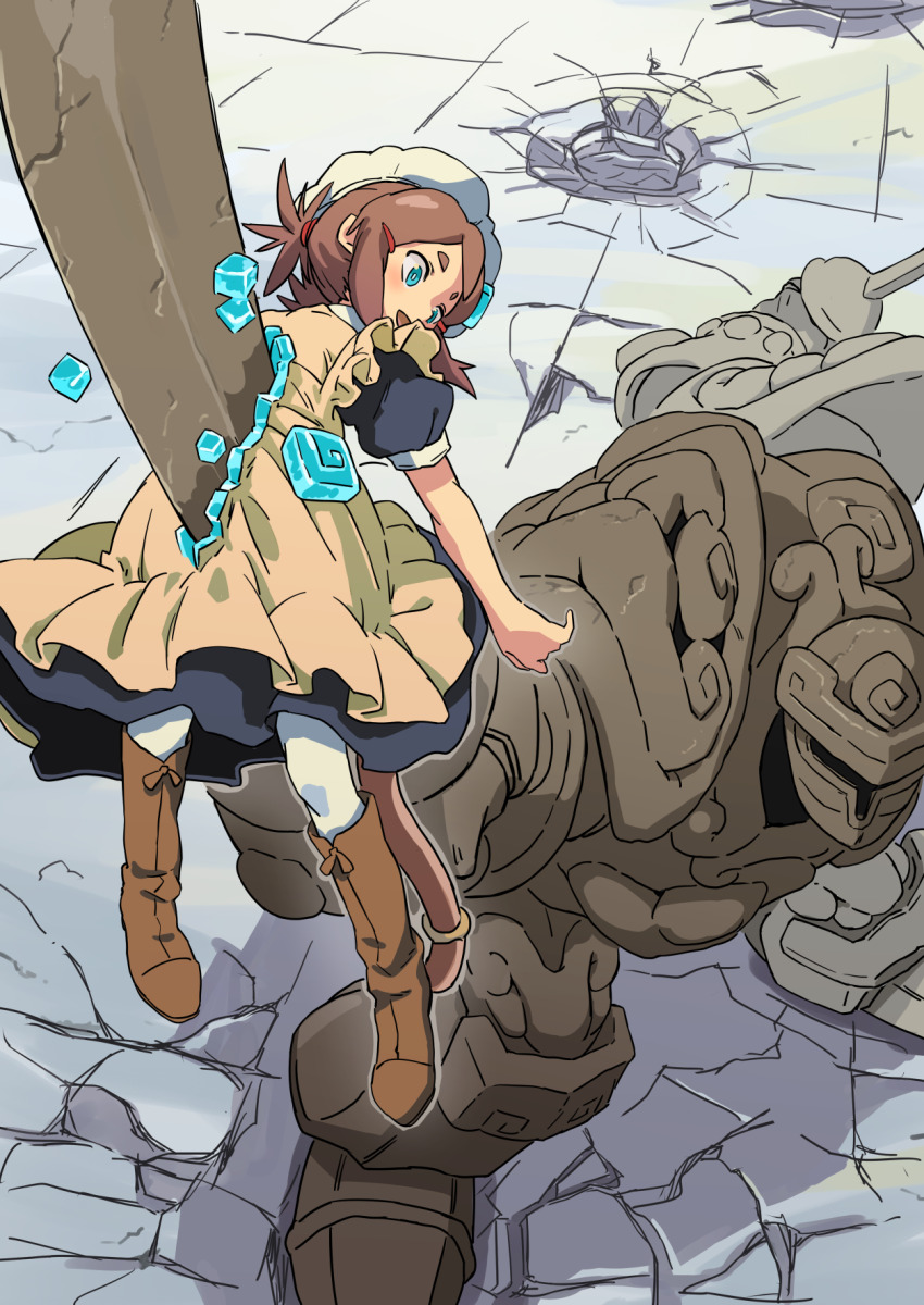 1girl 1other :d apron battle blue_eyes blush boots brown_hair crack cracked_floor cube cube_hair_ornament dress dual_wielding giant hair_ornament hairclip hat highres holding impaled leggings maid medium_dress open_mouth original smile sword underwear vanillaklein weapon white_hat white_leggings