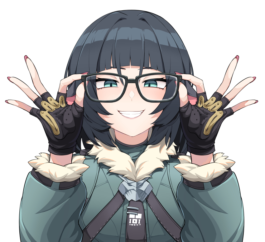 1girl aqua_eyes bespectacled black-framed_eyewear black_gloves black_hair blunt_bangs fingerless_gloves fur-trimmed_jacket fur_trim glasses gloves green_jacket grin hands_up highres jacket jane_doe_(zenless_zone_zero) long_sleeves looking_at_viewer police_riot_(artist) short_hair simple_background smile solo white_background zenless_zone_zero