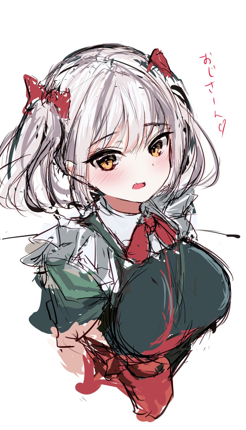 1girl absurdres belorta_(nikke) blush breasts dress frills goddess_of_victory:_nikke green_dress grey_hair hair_ribbon heart highres kurono_suzuran large_breasts medium_hair open_mouth red_ribbon ribbon short_twintails sketch solo twintails yellow_eyes