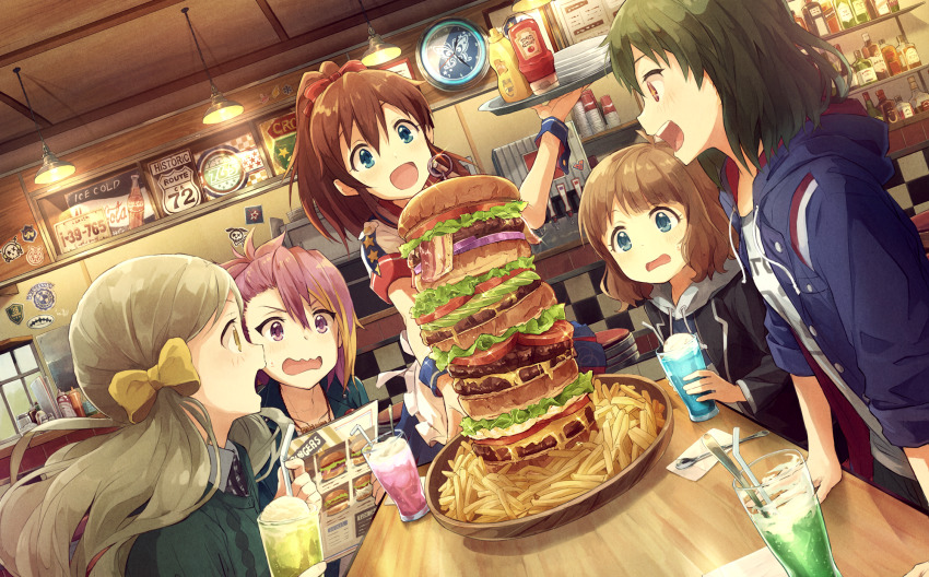 5girls bacon blue_eyes blush brown_hair burger diner dutch_angle earrings fast_food food food_awe french_fries green_eyes hair_ornament handa_roco highres holding holding_tray hood hoodie ice_cream ice_cream_float idolmaster idolmaster_million_live! idolmaster_million_live!_theater_days jelly_pop_beans jewelry ketchup long_hair maihama_ayumu marimo_(momiage) menu multiple_girls mustard nagayoshi_subaru open_mouth pink_hair ponytail restaurant revision satake_minako short_hair sparkle sparkling_eyes suou_momoko surprised too_many too_much_burger tray