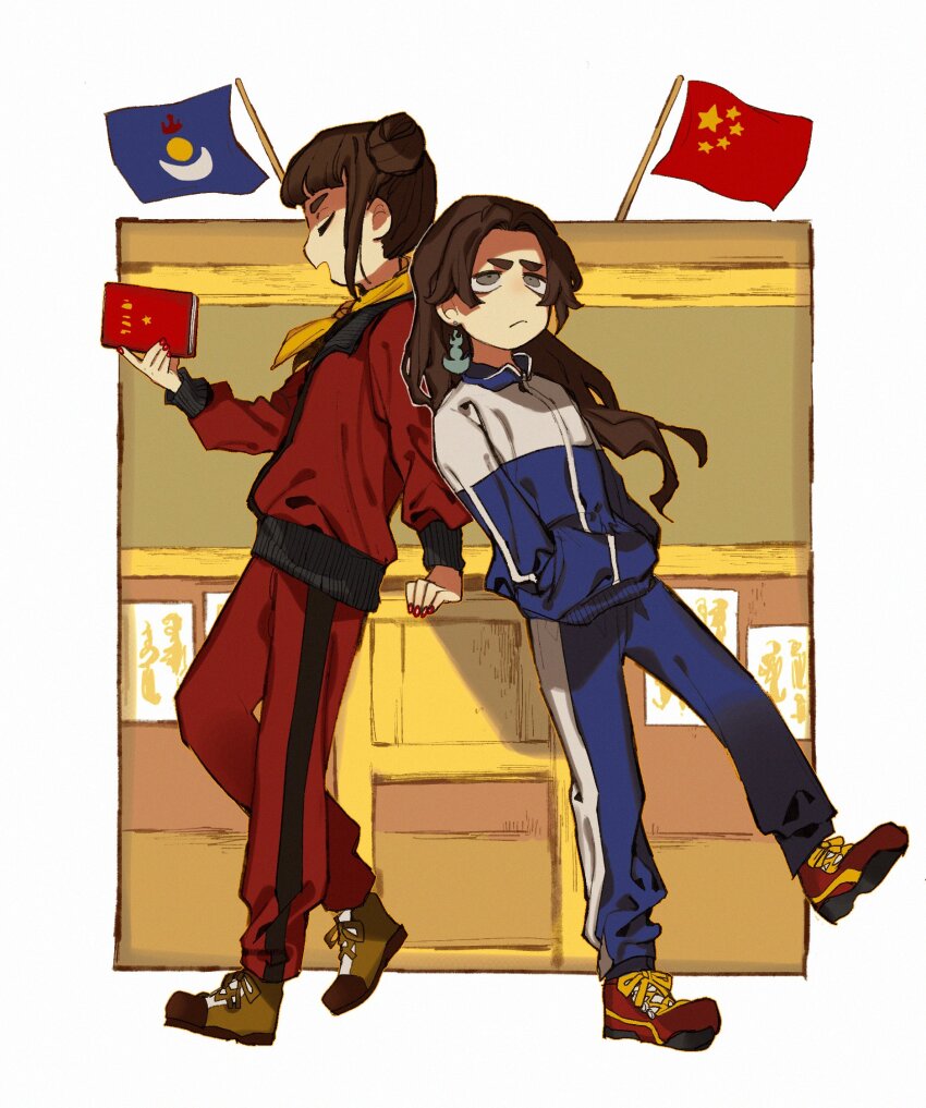 book brown_hair chair china china_(nanimonothing) chinese_school_uniform classroom commentary_request flag full_body hair_bun hands_in_pockets highres holding holding_book inner_mongolia inner_mongolia_(nanimonothing) inner_mongolian_flag jacket long_hair nanimonothing original pants people&#039;s_republic_of_china_flag red_nails scarf school_uniform shoes sneakers soyombo soyombo_earrings track_jacket track_pants yellow_scarf