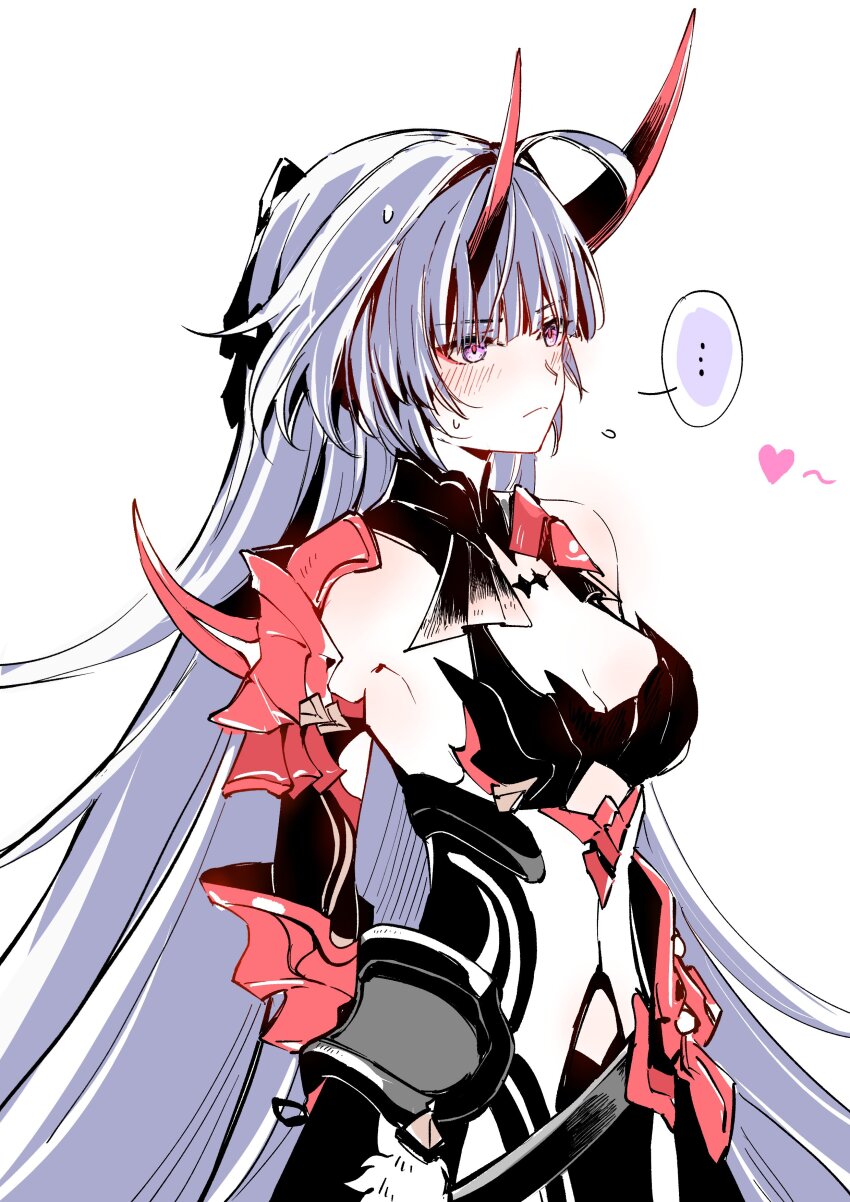 ... 1girl absurdres ahoge armor arms_behind_back bare_shoulders black_dress blush breasts cleavage closed_mouth commentary cowboy_shot dress hair_ornament heart highres honkai_(series) honkai_impact_3rd horns long_hair looking_ahead medium_breasts pink_eyes purple_hair raiden_mei raiden_mei_(herrscher_of_thunder) red_horns red_pupils sen_jin_chen shoulder_armor simple_background single_bare_shoulder solo spoken_ellipsis sweatdrop very_long_hair white_background