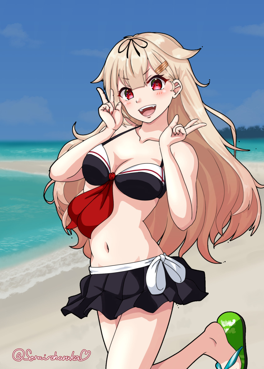 1girl absurdres adapted_costume beach bikini black_bikini blonde_hair blue_sky cloud commentary_request cowboy_shot day double_v flip-flops front-tie_bikini_top front-tie_top full_body hair_flaps highres horizon kantai_collection long_hair navel ocean official_alternate_costume outdoors photo_background red_eyes sandals sky solo sorairo_haruka swimsuit v yuudachi_(kancolle) yuudachi_kai_ni_(kancolle) yuudachi_kai_ni_(swimsuit)_(kancolle)