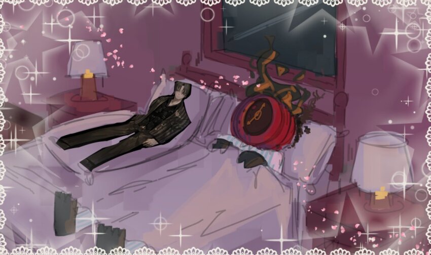 1other bed black_gloves blanket burning clock dakimakura_(object) dante_(limbus_company) fire gloves hands_up lace_trim lamp limbus_company lying nightstand object_head on_back pajamas pillow project_moon sinmllk sleeping smoke sparkle under_covers vergilius_(project_moon) window