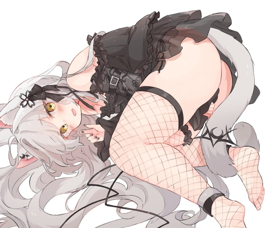 1girl ahoge animal_ear_fluff animal_ear_piercing animal_ears arm_between_legs ass bare_shoulders black_dress black_flower black_nails black_ribbon blush cat_ears cat_girl cat_tail commission detached_sleeves dress fetal_position fishnet_thighhighs fishnets flower foot_out_of_frame frilled_dress frills grey_hair hair_flower hair_ornament hair_ribbon highres indie_virtual_youtuber long_hair looking_at_viewer lying nekonika_(e102k) on_side parted_lips ribbon see-through_clothes see-through_dress simple_background skeb_commission solo tail tail_ornament thighhighs virtual_youtuber white_background white_hair yazuki_(vtuber) yellow_eyes