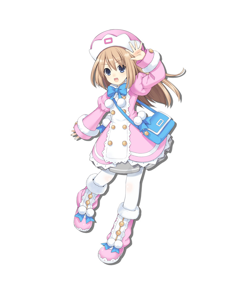 1girl :d alpha_transparency artist_request bag blue_bag blue_bow blue_bowtie blue_eyes blue_ribbon boots bow bowtie brown_hair buttons choujigen_game_neptune_sisters_vs_sisters dot_nose dress drop_shadow full_body fur-trimmed_dress fur-trimmed_footwear fur-trimmed_sleeves fur_trim hand_up hat highres juliet_sleeves long_hair long_sleeves looking_at_viewer neptune_(series) official_art open_mouth pantyhose pink_dress pink_footwear pink_hat pom_pom_(clothes) puffy_sleeves ram_(neptunia) ribbon shoulder_bag simple_background smile solo standing standing_on_one_leg tachi-e transparent_background two-tone_headwear waving white_hat white_pantyhose