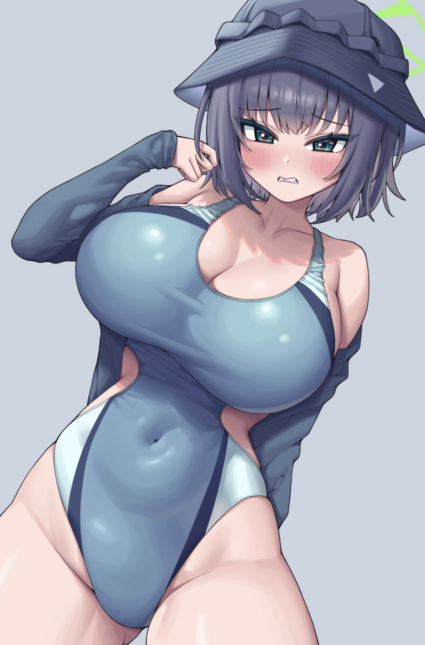 1girl aqua_eyes bare_shoulders black_hair blue_archive blue_background blush breasts cleavage clenched_teeth covered_navel halo hat highres jacket large_breasts looking_at_viewer metaljelly off_shoulder saki_(blue_archive) short_hair simple_background swimsuit teeth