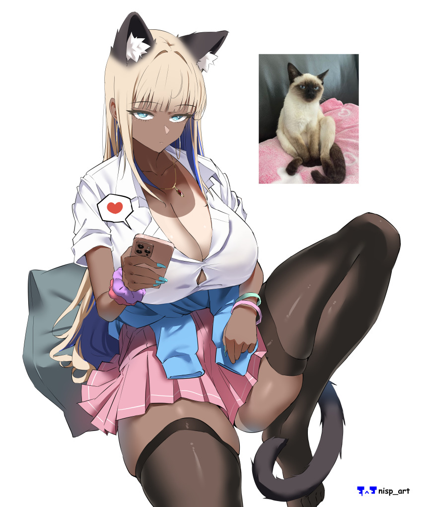 1girl absurdres animal_ear_fluff animal_ears artist_name black_tail black_thighhighs blonde_hair blue_eyes blue_hoodie blue_nails breasts bursting_breasts cat_ears cat_tail cleavage clothes_around_waist dark_skin gold_necklace gyaru heart highres holding holding_phone hood hoodie huge_breasts jacket jacket_around_waist jewelry necklace nisp_art original personification phone photo-referenced pink_skirt purple_scrunchie red_scrunchie scrunchie shirt skirt tail tan tanline thick_thighs thighhighs thighs white_background white_shirt wrist_scrunchie wristband