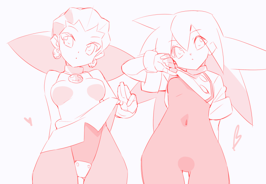 2girls bare_shoulders bodysuit cowboy_shot cropped_jacket dress earrings greyscale jewelry kaidou_zx leotard long_hair medium_hair mega_man_(series) mega_man_legends_(series) monochrome multiple_girls red_theme roll_caskett_(mega_man) simple_background skull_earrings tron_bonne_(mega_man) white_background