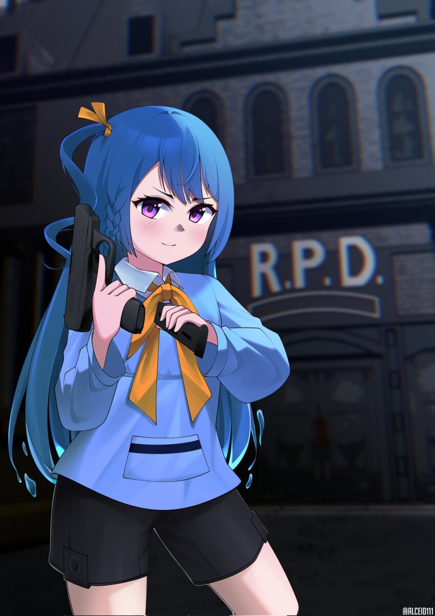 1girl alceid artist_name blue_hair blurry blurry_background blush blush_stickers bow commission gun hair_bow hair_ribbon handgun highres knee_up knees_up looking_at_viewer magazine_(weapon) pants pistol purple_eyes resident_evil resident_evil_2 ribbon shirt shorts solo v&amp;u_entertainment virtual_youtuber weapon zeli_zuimu