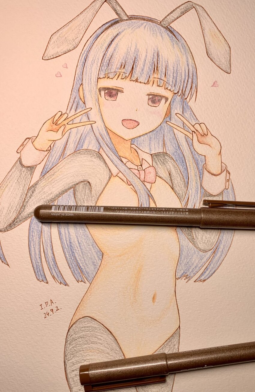 1girl animal_ears blue_hair bow bowtie collar covered_erect_nipples covered_groin detached_sleeves heart highres idolmaster iraren_san long_hair looking_at_viewer navel nontraditional_playboy_bunny open_mouth pen pink_bow pink_bowtie rabbit_ears sajo_yukimi sketch smile solo traditional_media v white_background white_collar