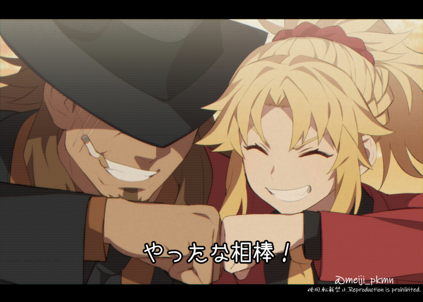 1boy 1girl arsene_lupin_iii black_headwear black_jacket black_shirt blonde_hair braid brown_hair cigarette closed_eyes cosplay fang fate/apocrypha fate_(series) fist_bump grin hair_ornament hair_scrunchie jacket jigen_daisuke jigen_daisuke_(cosplay) letterboxed long_hair long_sleeves lupin_iii medium_hair meiji_ken mordred_(fate) mordred_(fate/apocrypha) necktie orange_background orange_shirt ponytail red_jacket red_scrunchie scar scrunchie shirt shishigou_kairi smile teeth twitter_username