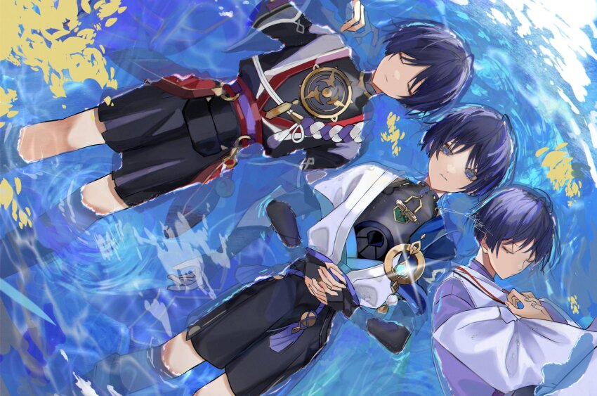 3boys afloat aqua_gemstone aqua_kimono aqua_sleeves armor belt black_belt black_bodysuit black_kimono black_shorts black_sleeves blue_cape bodysuit bridal_gauntlets cape closed_eyes closed_mouth clothing_cutout eyeliner eyeshadow feathers from_above furisode genshin_impact gold hakama hakama_shorts hand_up highres interlocked_fingers japanese_armor japanese_clothes jewelry kariginu kimono kote kurokote layered_clothes layered_kimono layered_shorts layered_sleeves looking_at_viewer lying lying_on_water makeup middle_ring mitsudomoe_(shape) multiple_boys multiple_persona neck_ring o-ring on_back open_clothes open_kimono own_hands_together pleated_shorts pom_pom_(clothes) purple_eyes purple_kimono purple_rope purple_sash purple_shorts purple_sleeves red_eyeliner red_eyeshadow red_kimono red_sash rope rtms sash scaramouche_(genshin_impact) scaramouche_(kabukimono)_(genshin_impact) shimenawa short_sleeves shorts shoulder_cutout shoulder_peek string tassel tomoe_(symbol) turtleneck turtleneck_bodysuit wanderer_(genshin_impact) white_kimono white_rope white_sleeves white_trim yellow_feathers