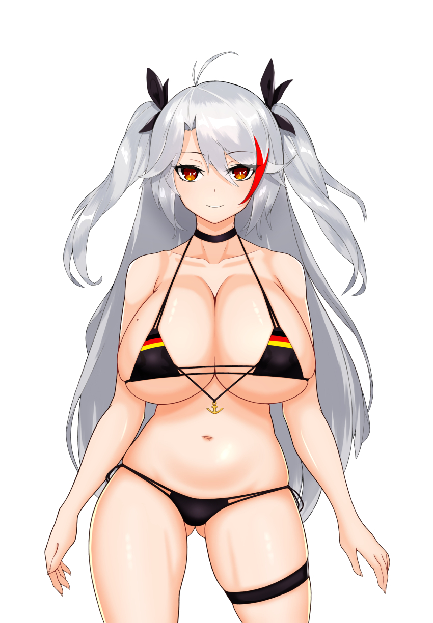 1girl antenna_hair azur_lane bikini black_bikini black_choker breasts choker flag_print german_flag german_flag_bikini german_flag_print grey_hair highres huge_breasts large_breasts long_hair looking_at_viewer mole mole_on_breast multicolored_hair navel official_alternate_costume prinz_eugen_(azur_lane) prinz_eugen_(unfading_smile)_(azur_lane) red_hair stomach streaked_hair swimsuit thigh_strap thighs underboob