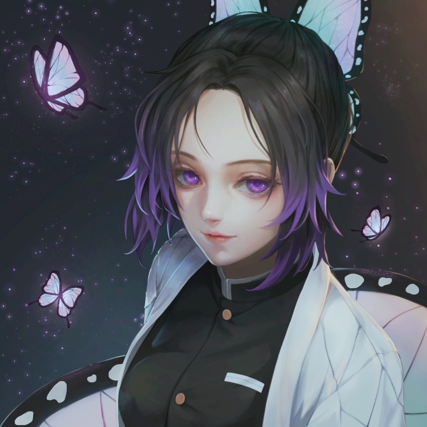 1girl black_hair black_jacket bug butterfly butterfly_hair_ornament closed_mouth evie gradient_hair hair_intakes hair_ornament haori highres insect jacket japanese_clothes kimetsu_no_yaiba kochou_shinobu looking_at_viewer multicolored_hair purple_hair short_hair smile solo upper_body