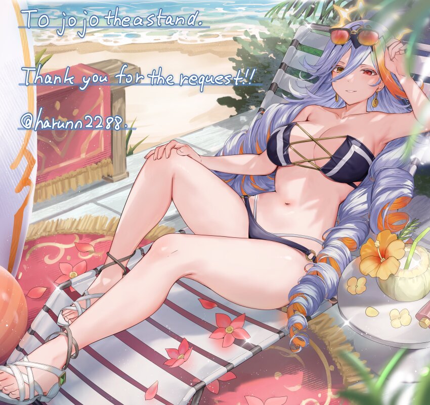 1girl absurdres alternate_costume baldr_(fire_emblem_heroes) bare_legs beach_chair bikini black_bikini breasts cleavage coconut_cup commission earrings eyewear_on_head fire_emblem fire_emblem_heroes grey_hair haru_(nakajou-28) heterochromia highres jewelry large_breasts multicolored_hair nintendo sandals second-party_source solo sunglasses swimsuit two-tone_hair