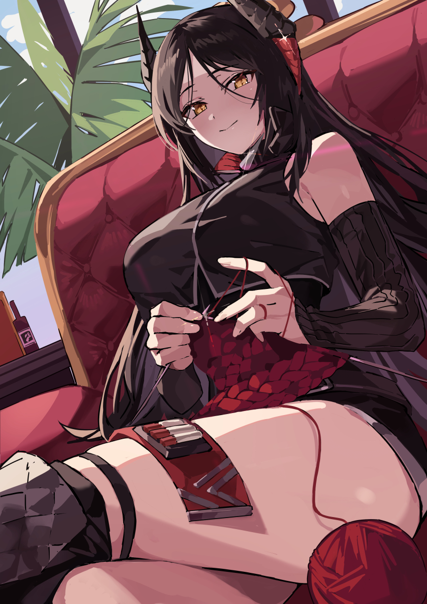 1girl absurdres arknights bare_shoulders black_hair black_jacket black_skirt breasts brown_sleeves closed_mouth commentary detached_sleeves feet_out_of_frame highres horns ines_(arknights) jacket large_breasts long_sleeves needle parted_bangs plant ryofu_(pixiv12347507) sewing sewing_needle shirt sitting skirt sleeveless sleeveless_shirt smile solo string yellow_eyes