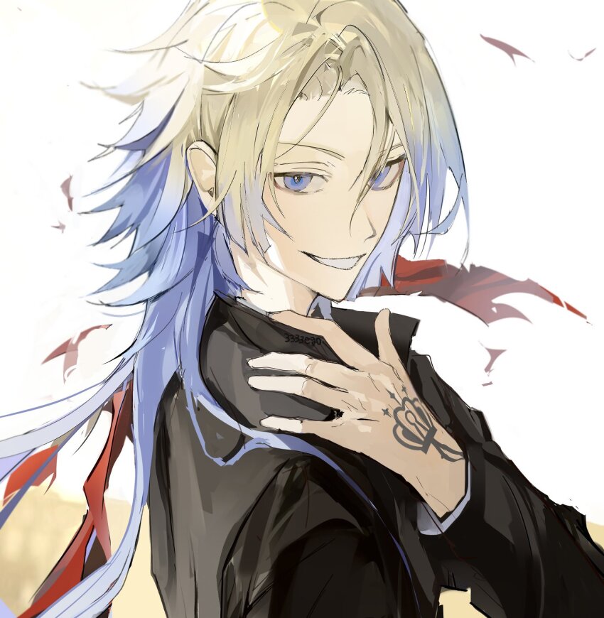 1boy blonde_hair blue_eyes blue_hair blue_lock commentary gradient_hair hand_on_own_shoulder highres ionpo9 long_hair long_sleeves male_focus michael_kaiser multicolored_hair smile solo tattoo teeth upper_body