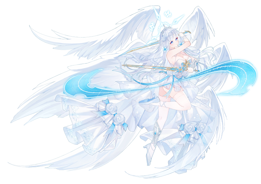 1girl absurdres alternate_costume ass azur_lane blue_eyes breasts chinese_commentary cleavage commentary_request dress dress_flower dual_wielding feathered_wings flight_deck flower from_side gloves hair_flower hair_ornament high_heels highres holding holding_sword holding_weapon illustrious_(azur_lane) large_wings long_hair looking_at_viewer rose simple_background sleeveless sleeveless_dress solo sword thighhighs tiara very_long_hair weapon white_background white_dress white_flower white_footwear white_gloves white_hair white_rose white_theme white_thighhighs white_wings wings xiaoli_(1507)