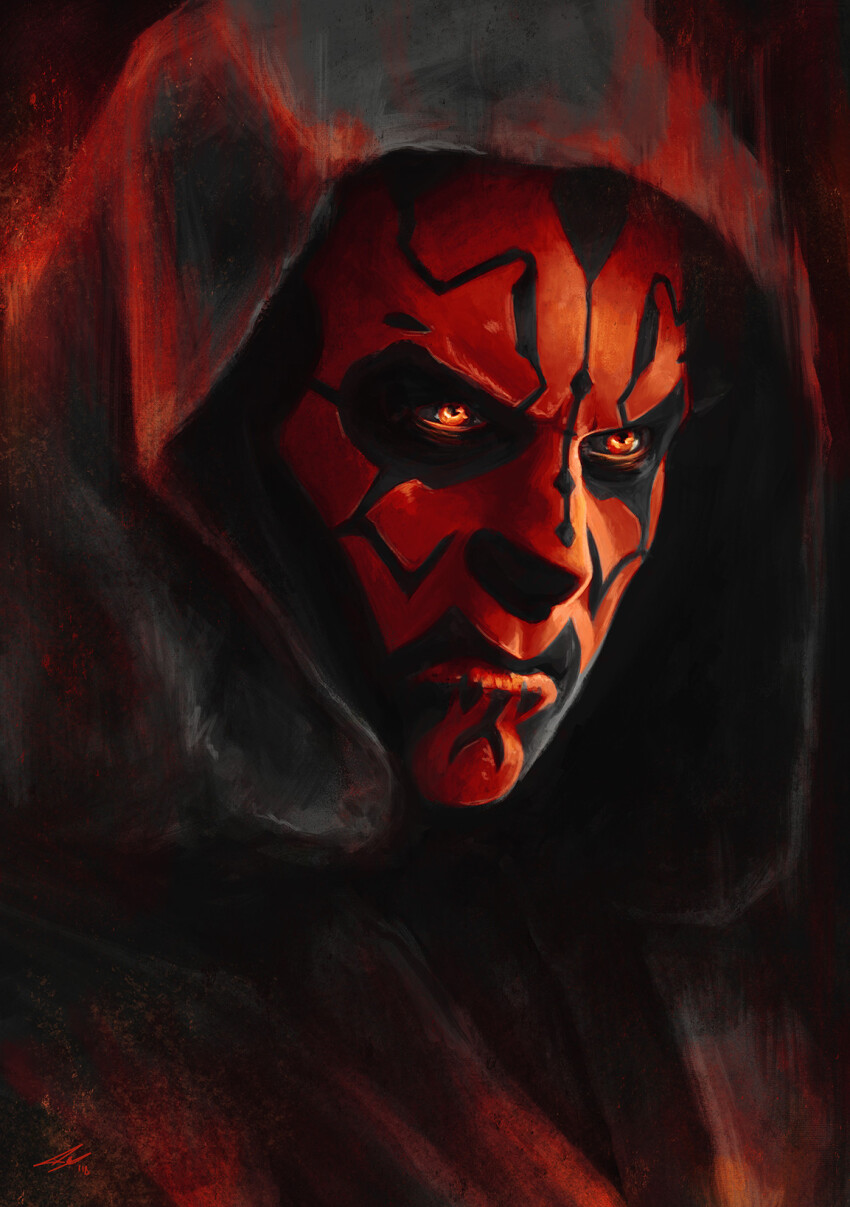 1boy alien black_hood black_robe colored_skin drenusart facial_tattoo highres hooded_robe portrait red_eyes red_skin robe sith solo star_wars tattoo zabrak