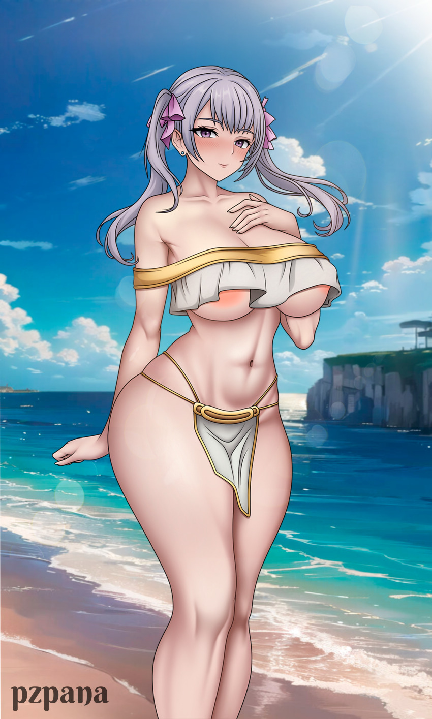 1girl absurdres alternate_costume black_clover blush breasts curvy feet_out_of_frame grey_hair highres huge_breasts large_breasts looking_at_viewer nipples noelle_silva nude purple_eyes pzpana thick_thighs thighs twintails