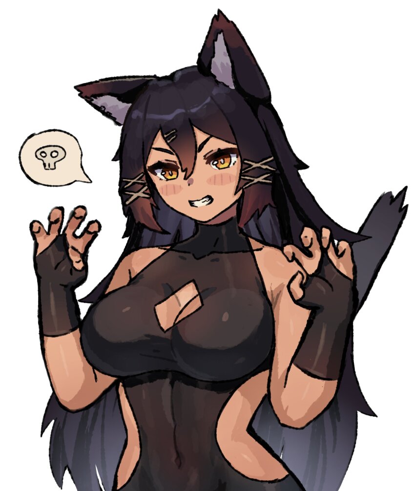 1girl animal_ears bare_shoulders black_hair breasts cat_ears cat_girl cat_tail cleavage dark-skinned_female dark_skin hair_between_eyes highres indie_virtual_youtuber large_breasts long_hair looking_at_viewer one-piece_swimsuit paw_pose simple_background solo sulkycats swimsuit tail upper_body very_long_hair wersman white_background yellow_eyes